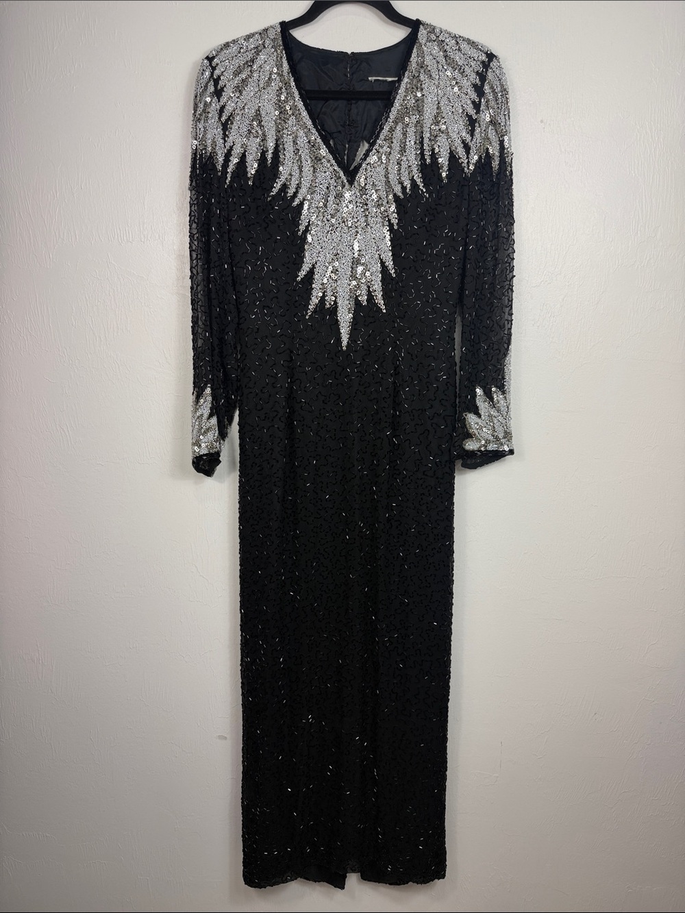 Vintage Black Silver Beaded Sequin Open Back Maxi Dress Size M Long Sleeve - Picture 3 of 8